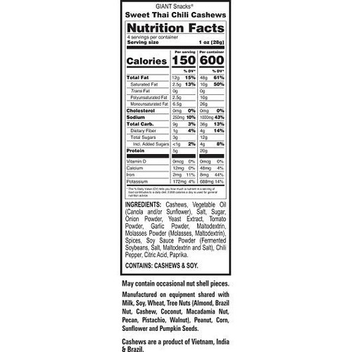 Giants Gourmet Cashews, Sweet Thai Chili Flavor, Perfectly Roasted, 4 Ounce P... - 第 2/2 張圖片