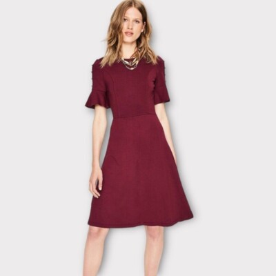 Boden Alexis Jersey Dress Size 16R Wine Womens Button Flare Sleeve | eBay