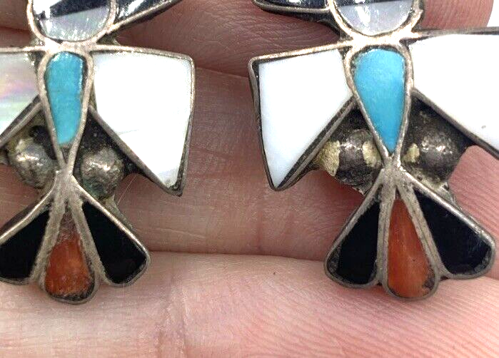 Sterling Silver Thunderbird Inlaid Turquoise Coral Onyx Native American