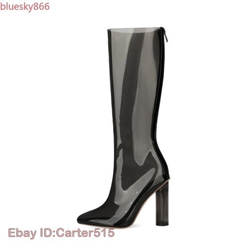 Women transparent High Heels Party Shoes PVC Pointed Toe Knee High Clear Boots - Picture 23 of 27