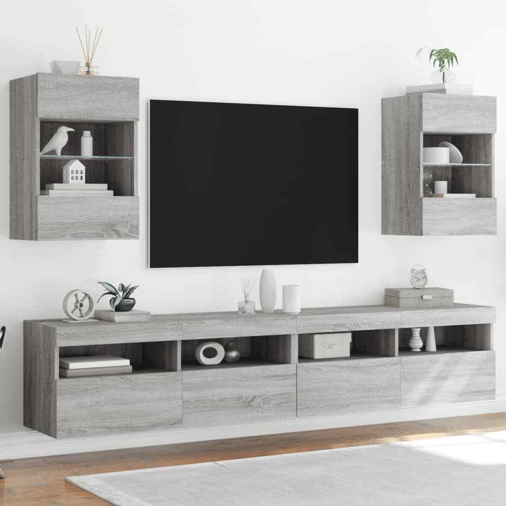 vidaXL TV Wall Cabinets with LED Lights 2 pcs Grey Sonoma 40x30x60.5 cm