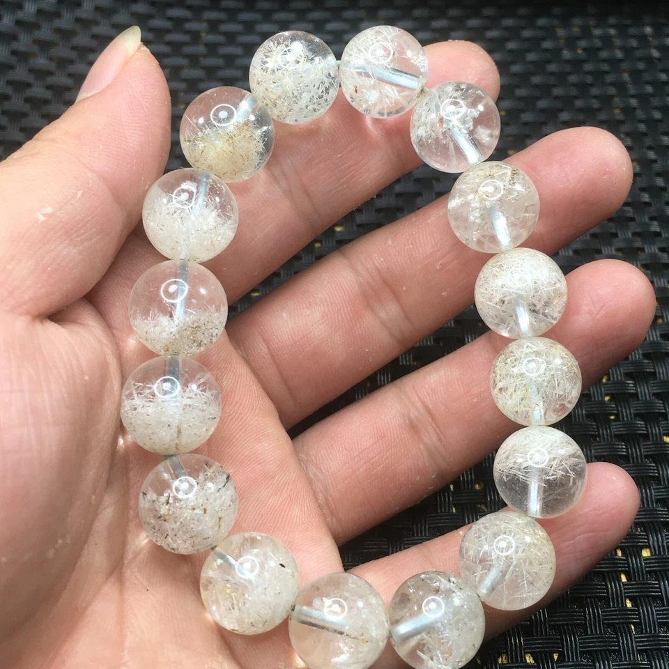 Natural Phenakite White Rutilated Quartz Snow Round Beads Bracelet 13mm AAAA - Image 4 of 4