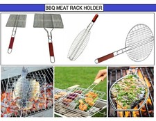 BBQ Grill Long WOOD Handle Meat Burger Fish Holder Rack Rectangle Folding Stand