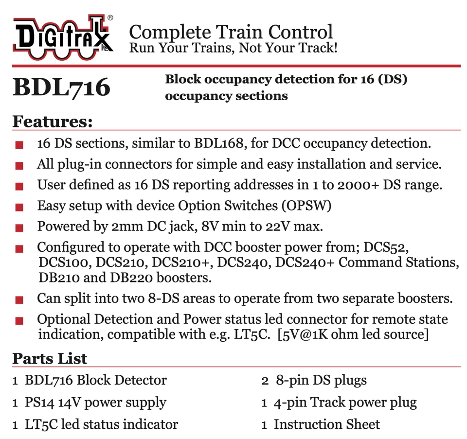 New Digitrax BDL716 Occupancy Detector 16 Detection Sections & Power Supply  - Image 3 of 4