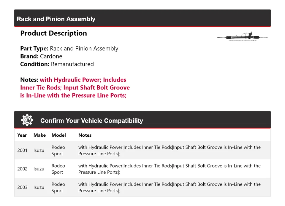 For 2001-2003 Isuzu Rodeo Sport Rack and Pinion Assembly Cardone 2002 - Image 2 of 4