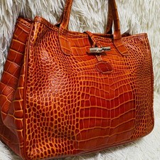 Longchamp Roseau Orange Crocodile Embossed Leather Tote Bag A4 Turn Lock 32cm