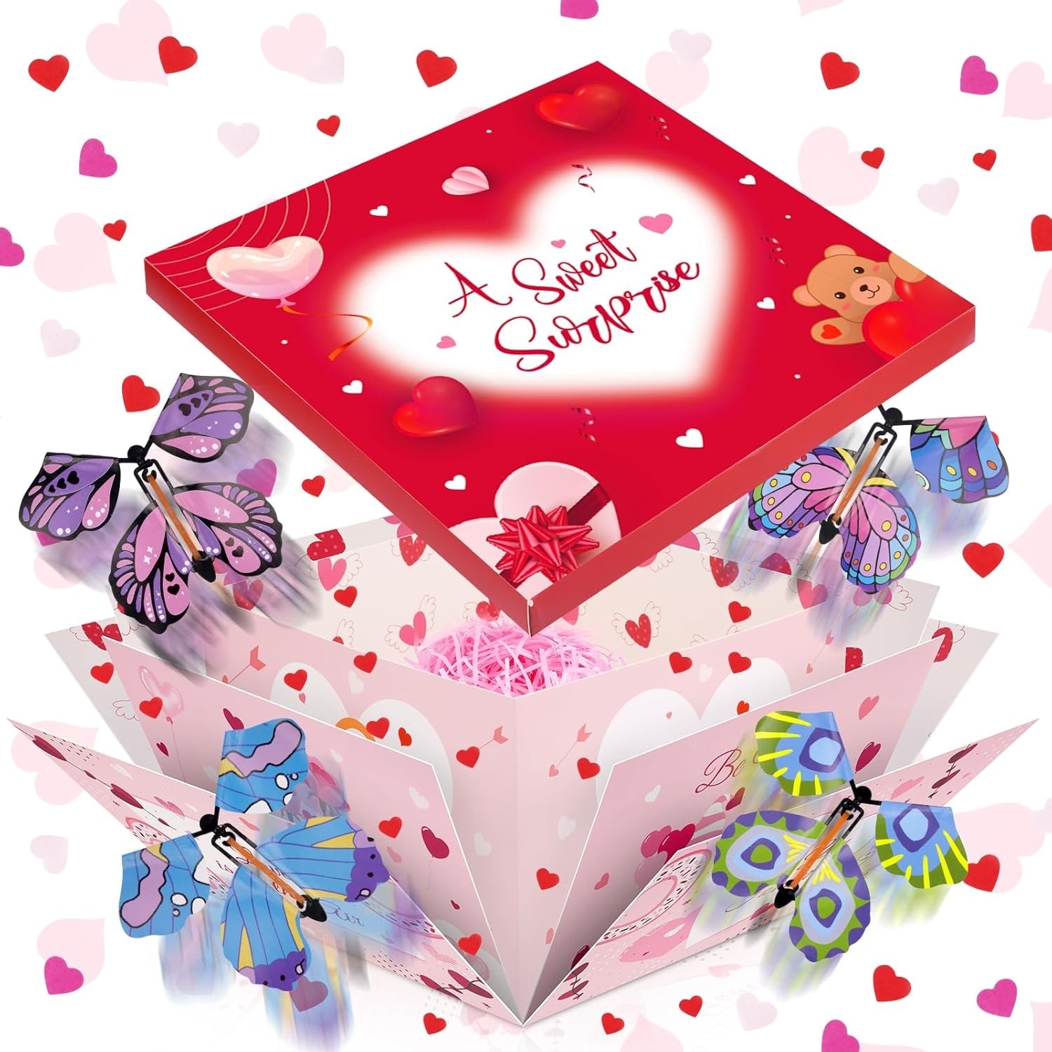 With Flying Butterflies And Heart Confetti