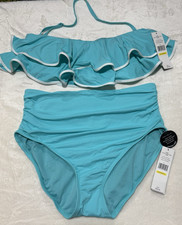 Carmen Marc Valvo Swimsuit NWT Bikini Set Ruffled Bandeau top high-waist Size M
