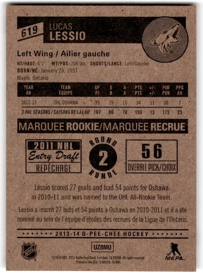 Lucas Lessio 2013-14 O-Pee-Chee Rookie #619 Phoenix Coyotes - Image 2 of 2