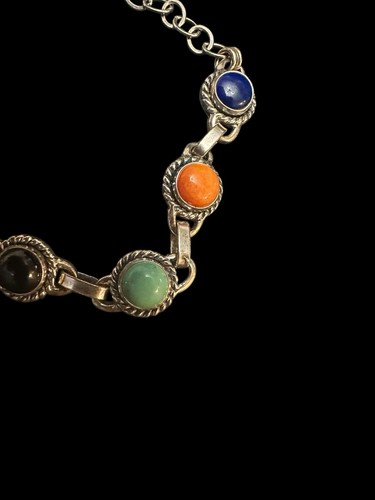 925 Silver Multi Gemstone Southwest Link Bracelet 8” Adjustable NWT QVC - Picture 9 of 11