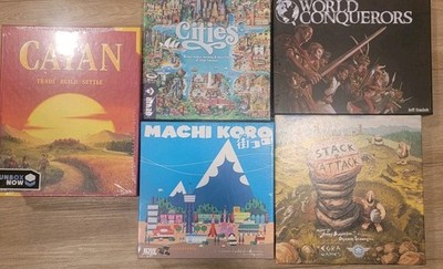 5 Board Games Lot - Catan, Cities, World Conquerors, Machi Koro, Stack & Attack
