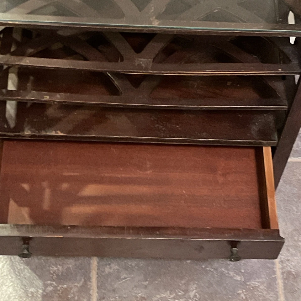 Vintage Record Stand Traditional Mahogany Glass Top Bar Serving Table - Image 3 of 4