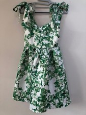 Shein XS UK 6 Green & White Floral Mini Dress Bow Shoulders