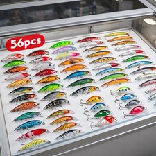 56PCS Fishing Lure Kit Beginner Set Crankbait Minnow Wobblers Bass Trout
