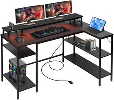 Panana L Shaped Gaming Desk with LED Lights & USB Charging Port (Black)
