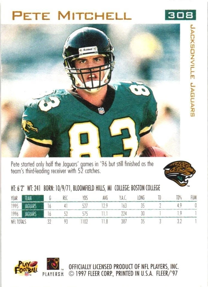 1997 Fleer #308 Pete Mitchell Jacksonville Jaguars Football Card - Image 2 of 2