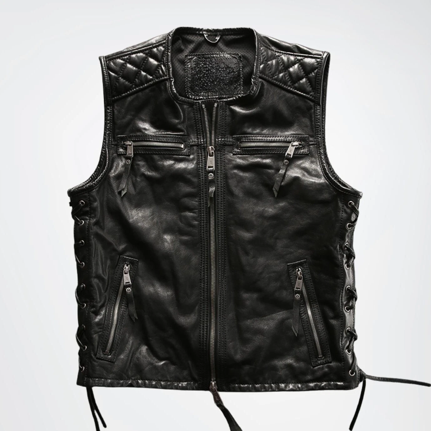 Black/Brown Genuine Leather Vest | Mens Ribbed 100% Genuine Leather Biker Vest