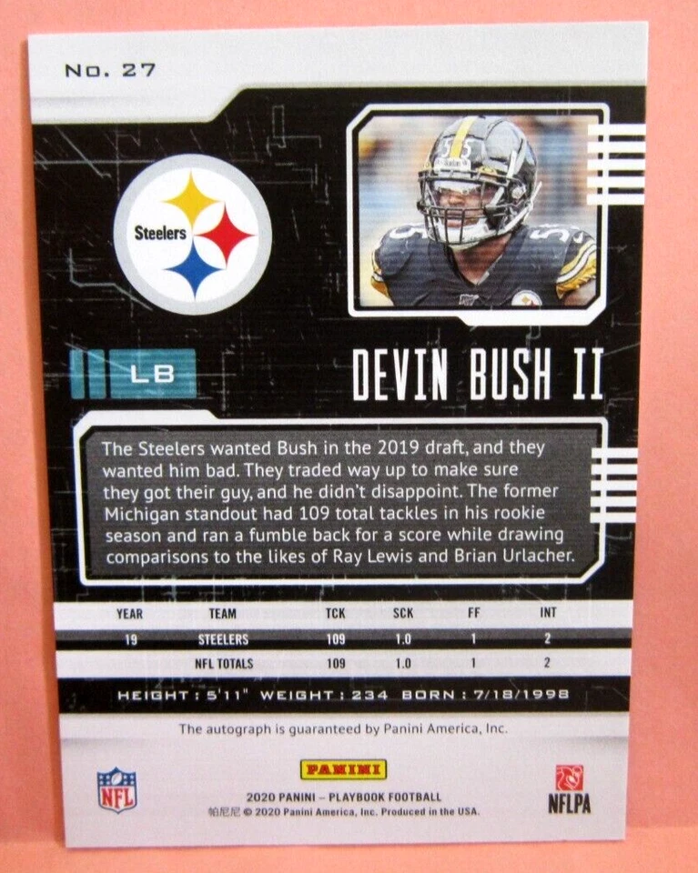 DEVIN BUSH II 2020 PANINI PLAYBOOK AUTOGRAPH CARD#27!STEELERS LB FUTURE AUTO - Image 2 of 2