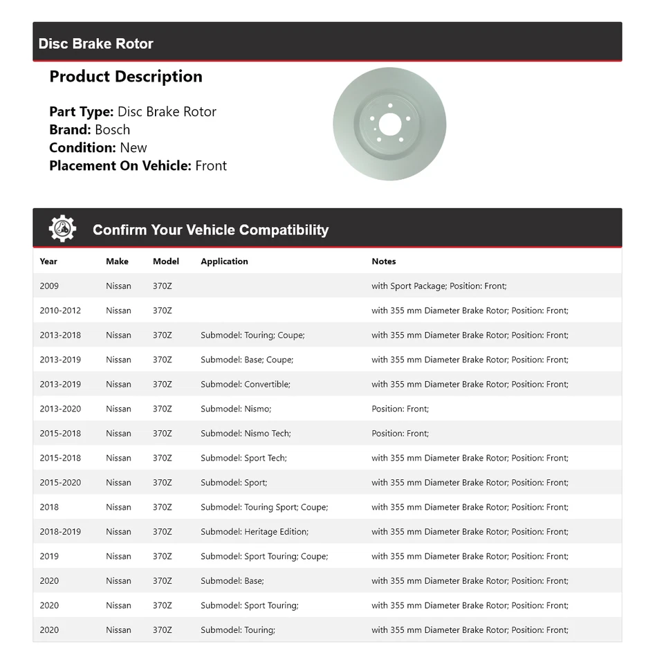 Rotor de freno de disco delantero para Nissan 370Z Bosch QuietCast 2009-2020 2010 2011 2012 Foto 2 de 4