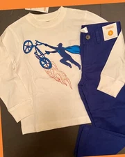 NWT Boys 5 Gymboree “SUPER DUDES” Cotton White Bike TOP & Blue PANTS 2pc Set $50