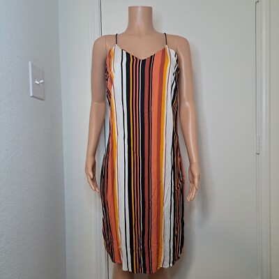Volcom Striped Dress Shell Shocked Brown Orange Spaghetti Strap Beach Sz L 10