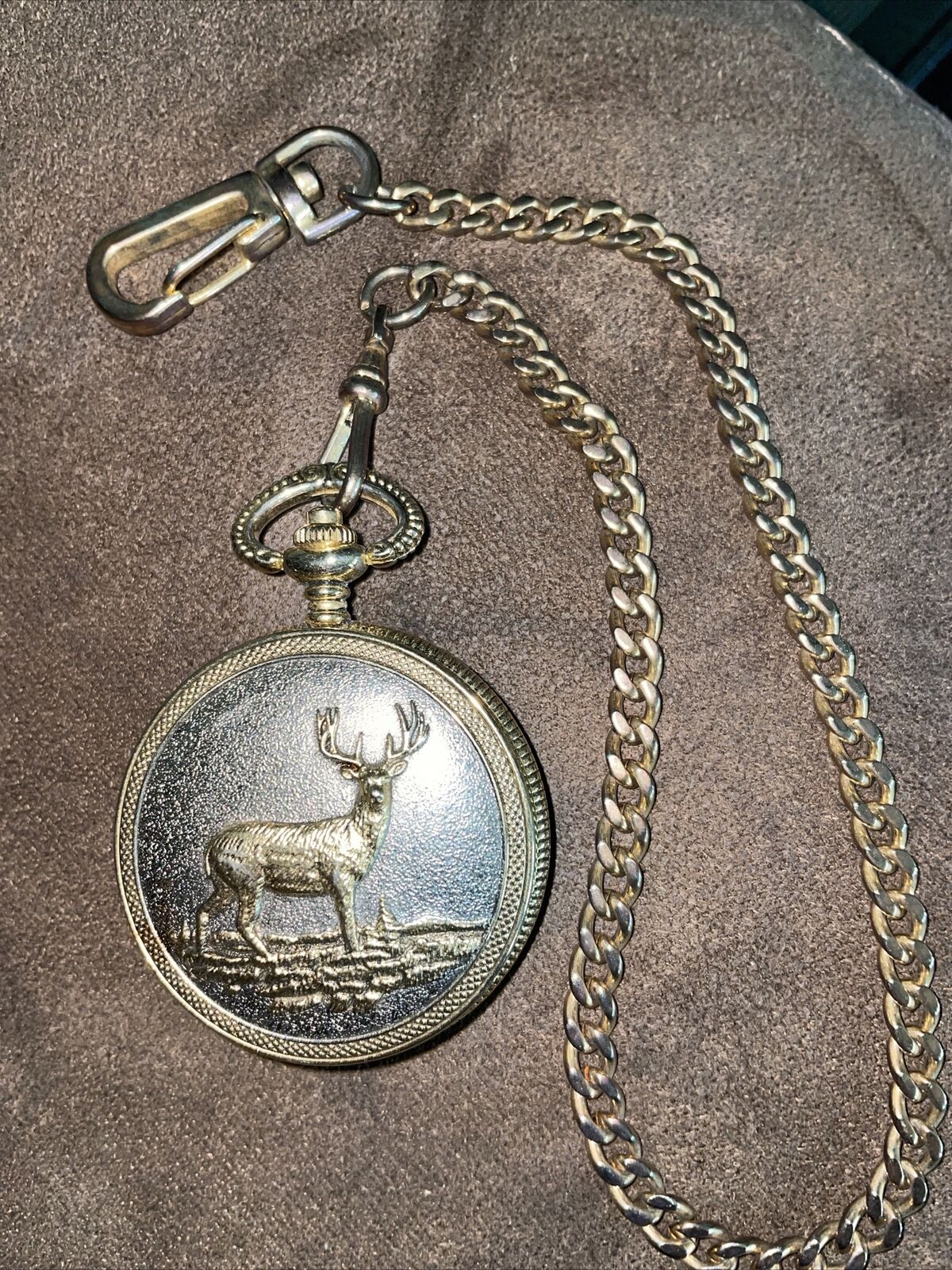 Vintage Phillip Crowe Pocket Watch Gold Tone Deer Hunting Majesti