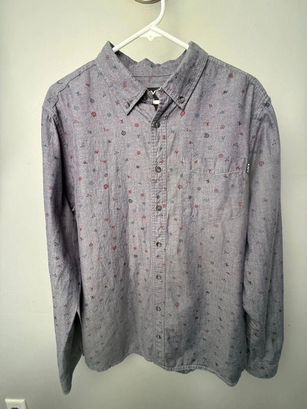 KAVU Men’s Button Down Shirt Gray Long Sleeve Casual Outdoor Print Size L