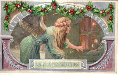 ANTIQUE CHRISTMAS Postcard    ANGEL, GREEN GOWN, LEANING OVER, LOOKING IN WINDOW