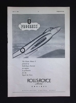 Original 1950 Reklame Rolls-Royce Gloster Meteor 8 Strahltriebwerk RAF