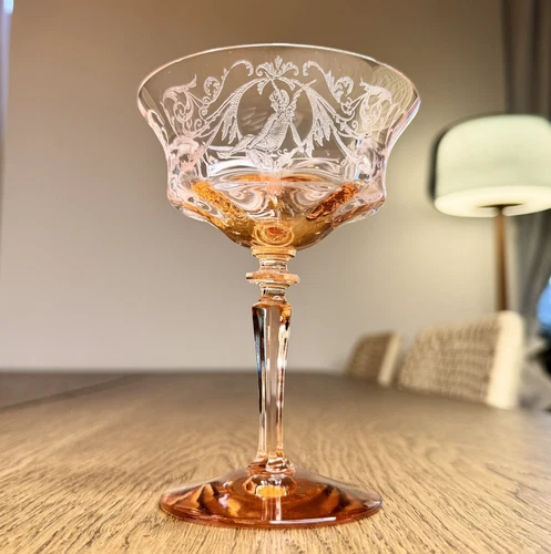 Vintage Central Glass Works Pink Depression Glass Faerie Champagne Coupe Rare