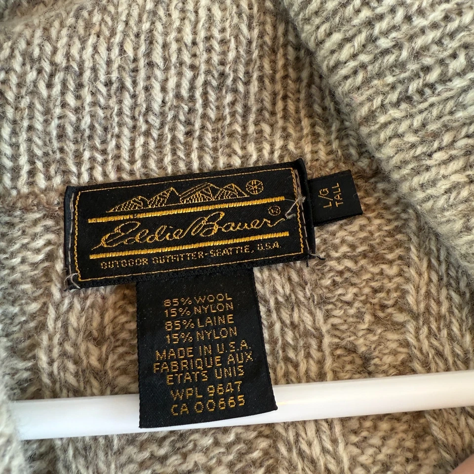 Vintage Eddie Bauer Sweater Cardigan Wool Suede Elbow Patch Fisherman Cabin L - Image 3 of 4