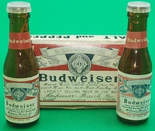 Vintage Taiwan-Budweiser Busch Amber Glass w/Plastic Top Salt & Pepper Shakers