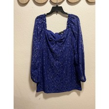 Endless Rose Lace Metallic Puff Sleeve Square Neck dress  Royal Blue M