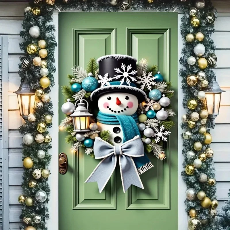 Merry Christmas Door Cover Snowman Wreath Lantern Design Hanging Banner Backd... - Image 2 of 4