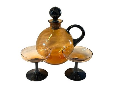 Midcentury Likörkaraffe mit 2 Likörschalen Likörgläser rosa schwarz Set 55758
