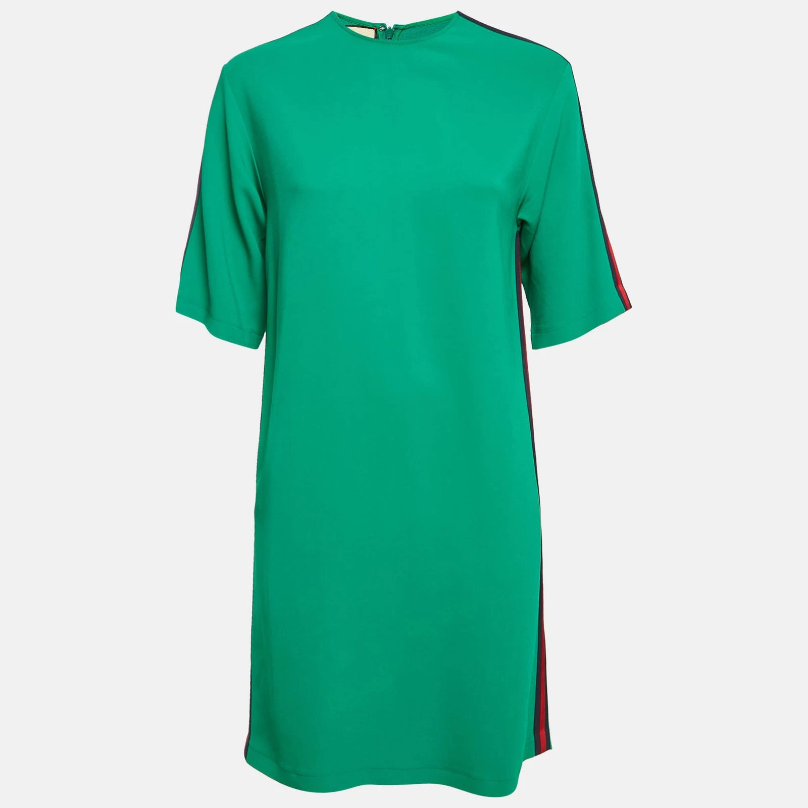 Gucci Mini Abito Verde Crepe Web Righe Dettaglio Bordo S