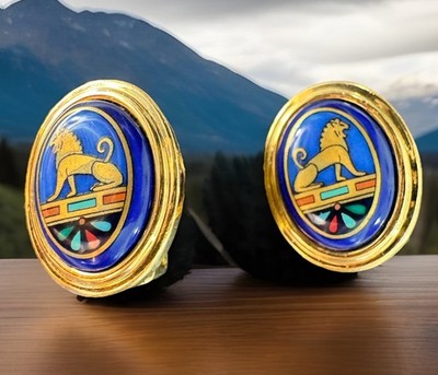 FREY WILLE - MICHAELA FRAY MAJESTIC LION MOTIF FIRE ENAMEL OVAL Clip On EARRINGS