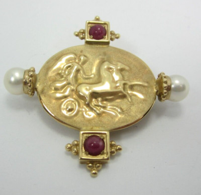 14K YG RUBIN & PERLE REVIVAL ENGEL MIT 2 PFERDEN & WAGEN ANHÄNGER/BROSCHE 7,8G