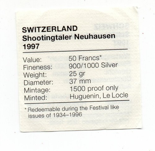 Swiss / Switzerland 50 Francs (Schaffhausen Festival) Silver Flats 1997 Proof - Picture 6 of 7