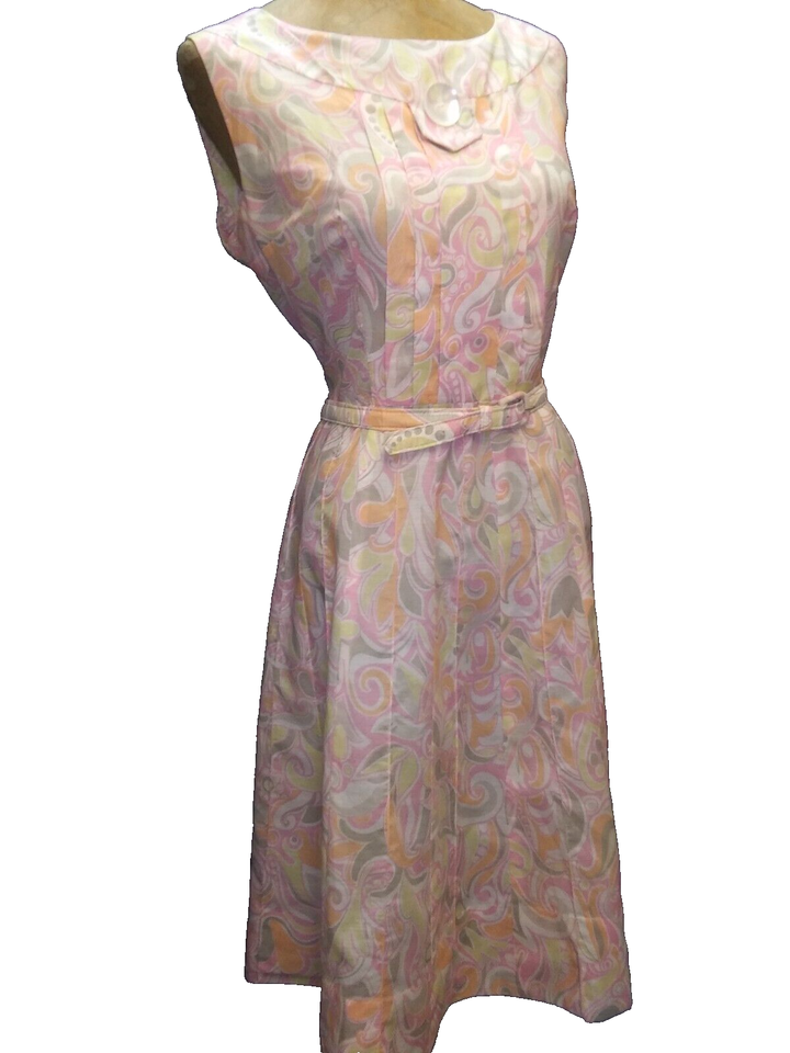 Vintage 1960's Pink Orange Gray White Cotton Summer Dress Size M/L eBay