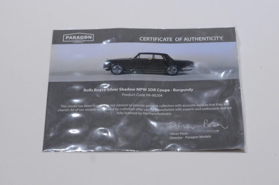 PARAGON ROLLS ROYCE SILVER SHADOW MPW 2DR COUPE BURGUNDY SCALE 1:18 DIECAST COA - Image 2 of 4
