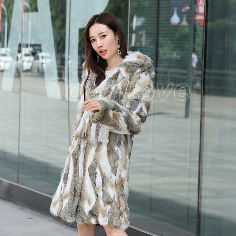 Drawstring Rabbit Fur Coat New Real Natural Rabbit Fur Coat With Hood Women's Fashion Fur Jacket ...
