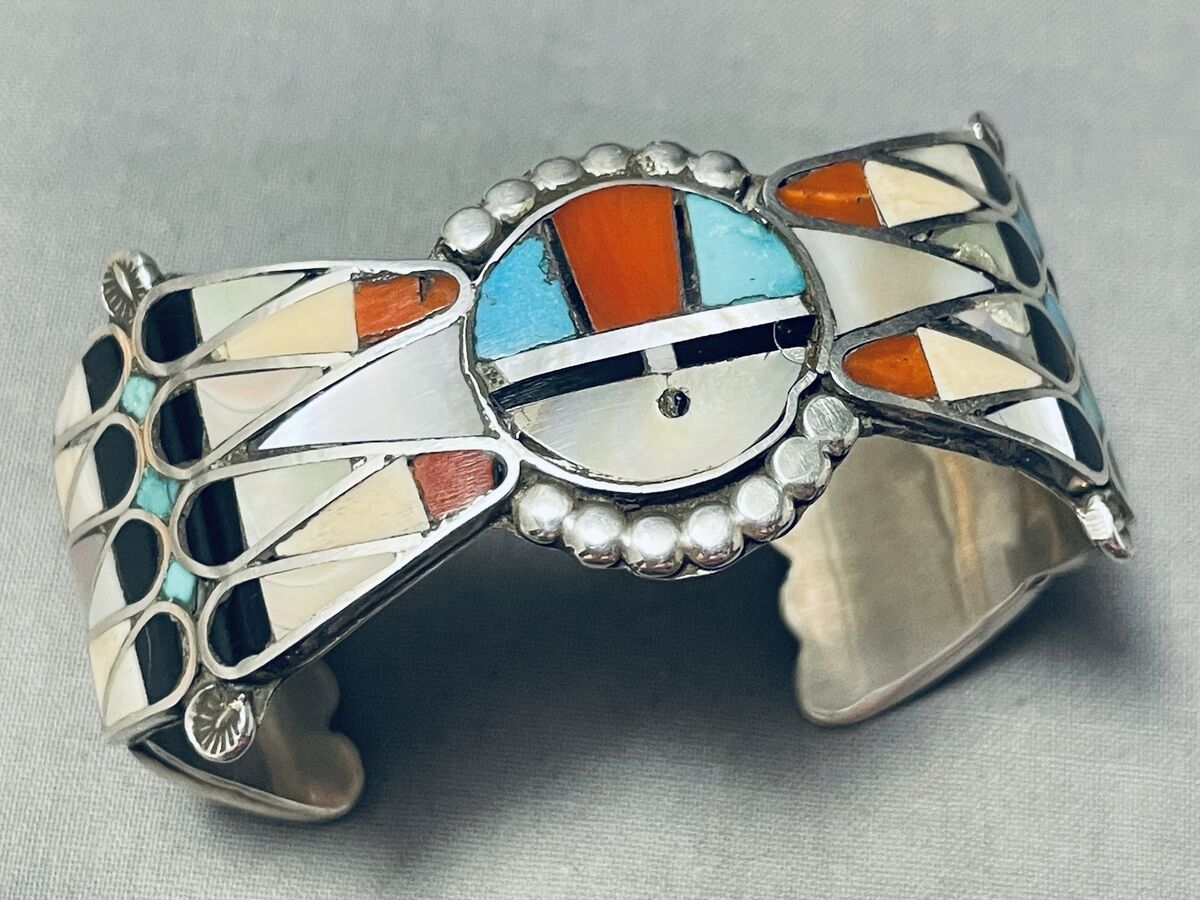 One Of The Best Vintage Zuni Turquoise Sterling Silver Inlay Bracelet Old One Of The Best Vintage Zuni Turquoise Sterling Silver Inlay Bracelet Old