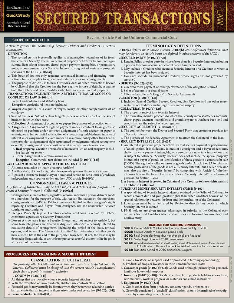Barcharts Quickstudy Secured Transactions Law Reference Study Guide