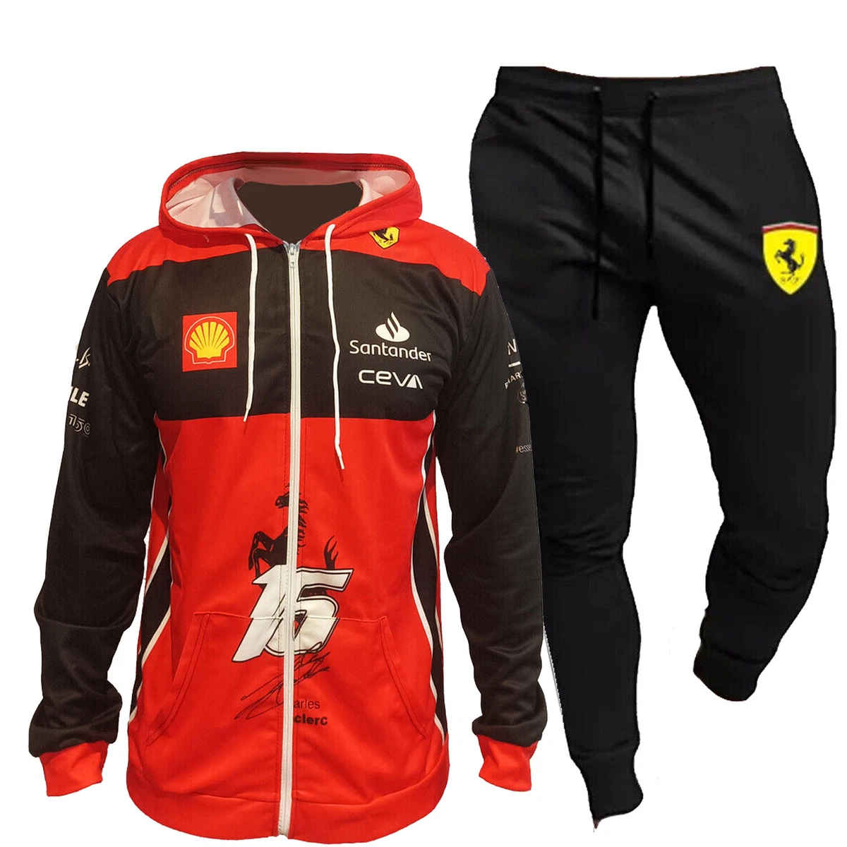 Tuta Scuderia Ferrari maglia zip e cappuccio + pantaloni neri F1 Team  LeClerc