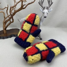 Funky Hand Knit Children's Large Winter Mittens Yellow Red Blue