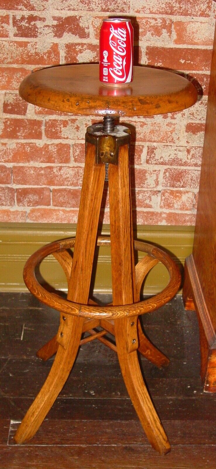 Neat industrial style antique oak swivel bar stool----15783