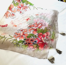 Women's sheer Scarf Peach Green Red Floral Butterflies 42" Square Tassels Pearls