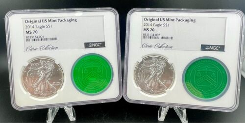 Serial #1 & #2 Curio Collection 2014 MS70 Silver Eagles with Mint Tube Caps