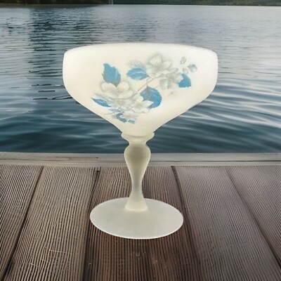 Vtg. Large White Satin Glass Candy Dish Hand painted Blue Floral 9.5'' Tall